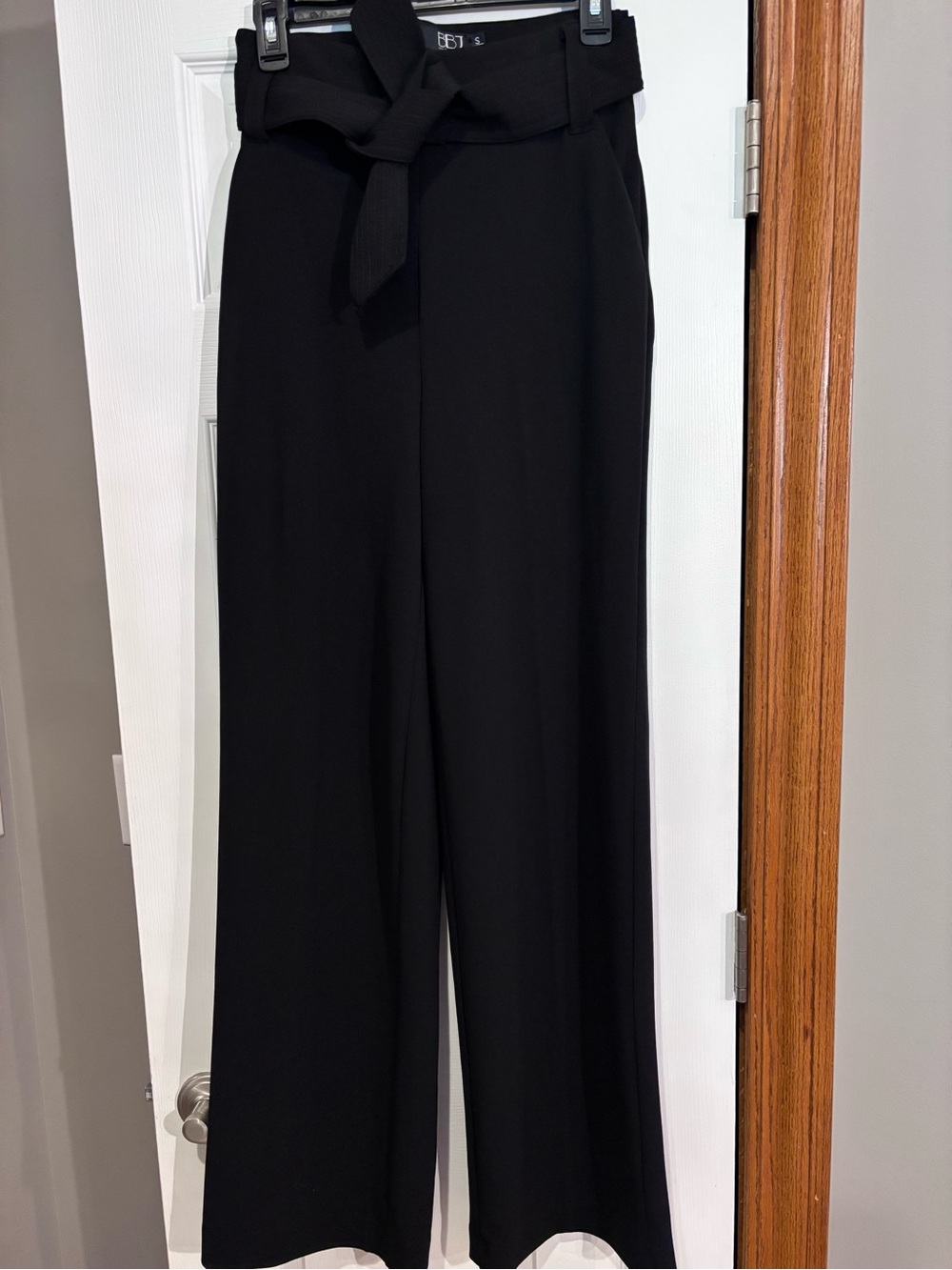 High-Rise Black Wide-Leg Pants with Self-Tie Waist